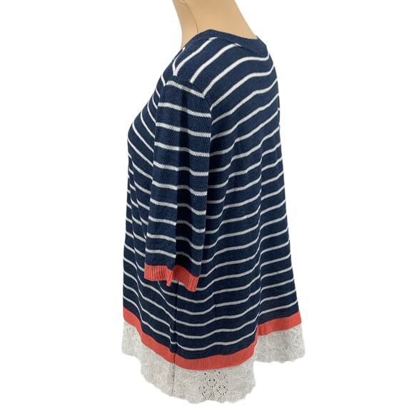 Christopher & Banks Thin Knit 3/4 Sleeve Blue White Stripe Sweater Size Large - Picture 3 of 7